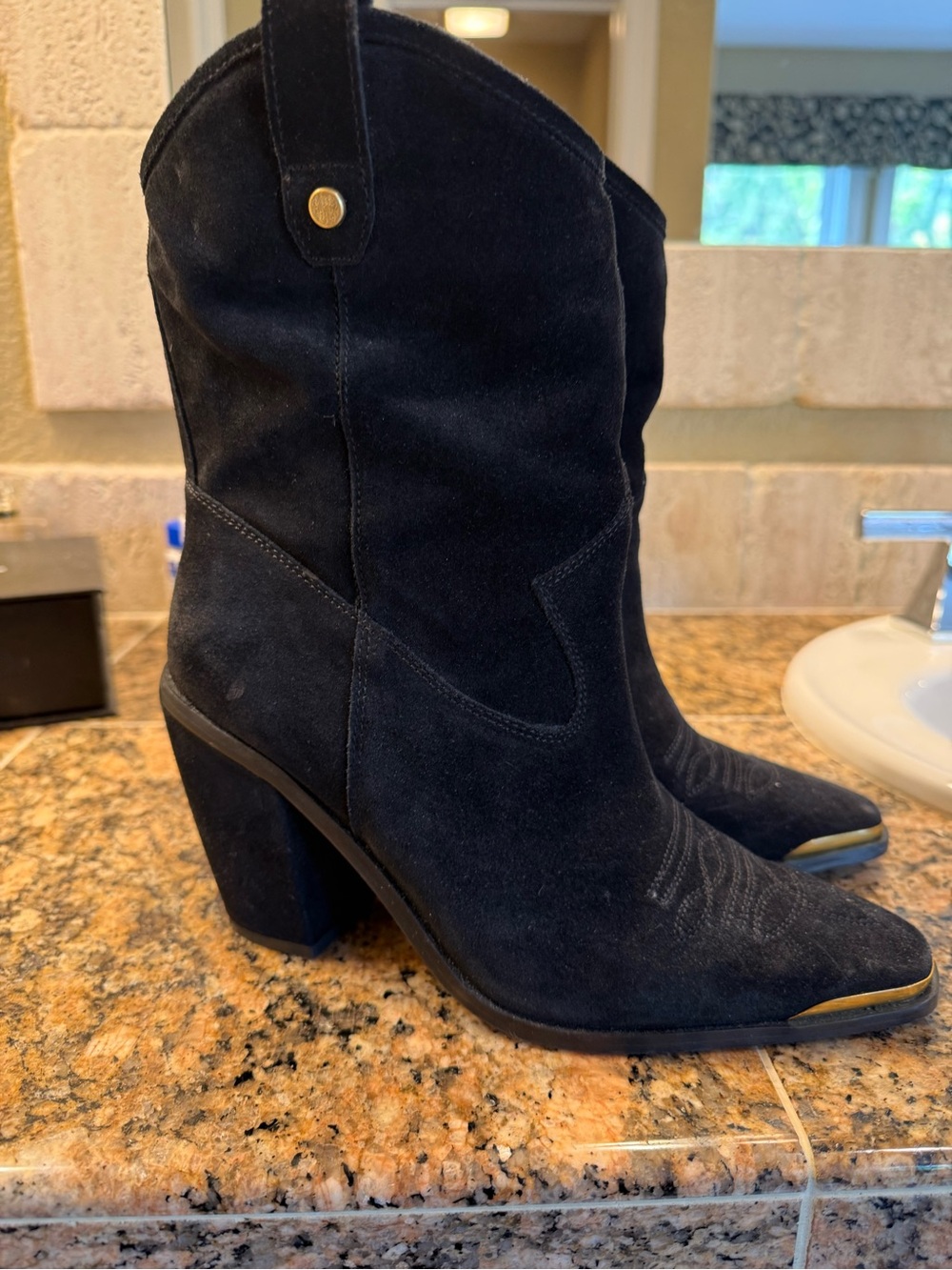 Vince Camuto Black Suede Western Block Heel Boots with Gold Toe Detail